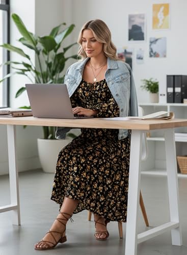 Image of BLENCOT Womens Casual Square Neck Long Sleeve Boho Floral Midi Dress Print Side Split Dresses
