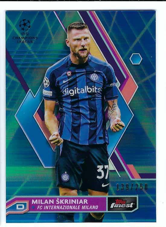 MILAN SKRINIAR 2022-23 Topps Finest UEFA Champions League Club Competitions Soccer #137 BLUE AQUA VAPORWAVE REFRACTOR PARALLEL Card #139 of only 250 Made! Slovakia FC Inter Milan