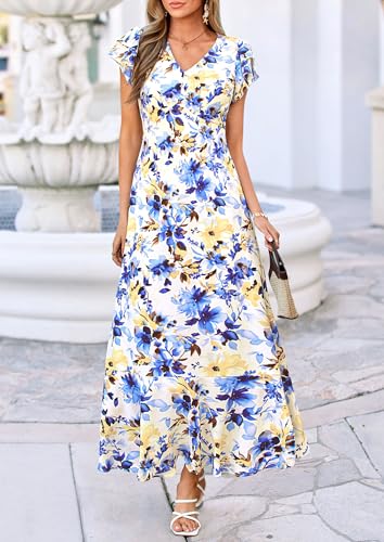 Image of PRETTYGARDEN Womens Summer Boho Floral Maxi Dress | V Neck Ruffle Sleeve Tiered A-Line Sundress, Lightweight Flowy Long Dresses for Spring Wedding Guest, Cocktail Party, Cruise