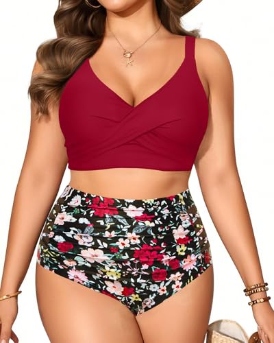 Plus Size Two Piece Swimsuit - High Waisted Bikini Set Tummy Control Bathing Suits for Women