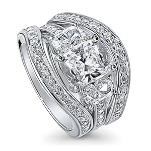 BERRICLE Sterling Silver 3-Stone Wedding Engagement Rings Cushion Cut Cubic Zirconia CZ Ring Set for Women, Rhodium Plated Size 4-10