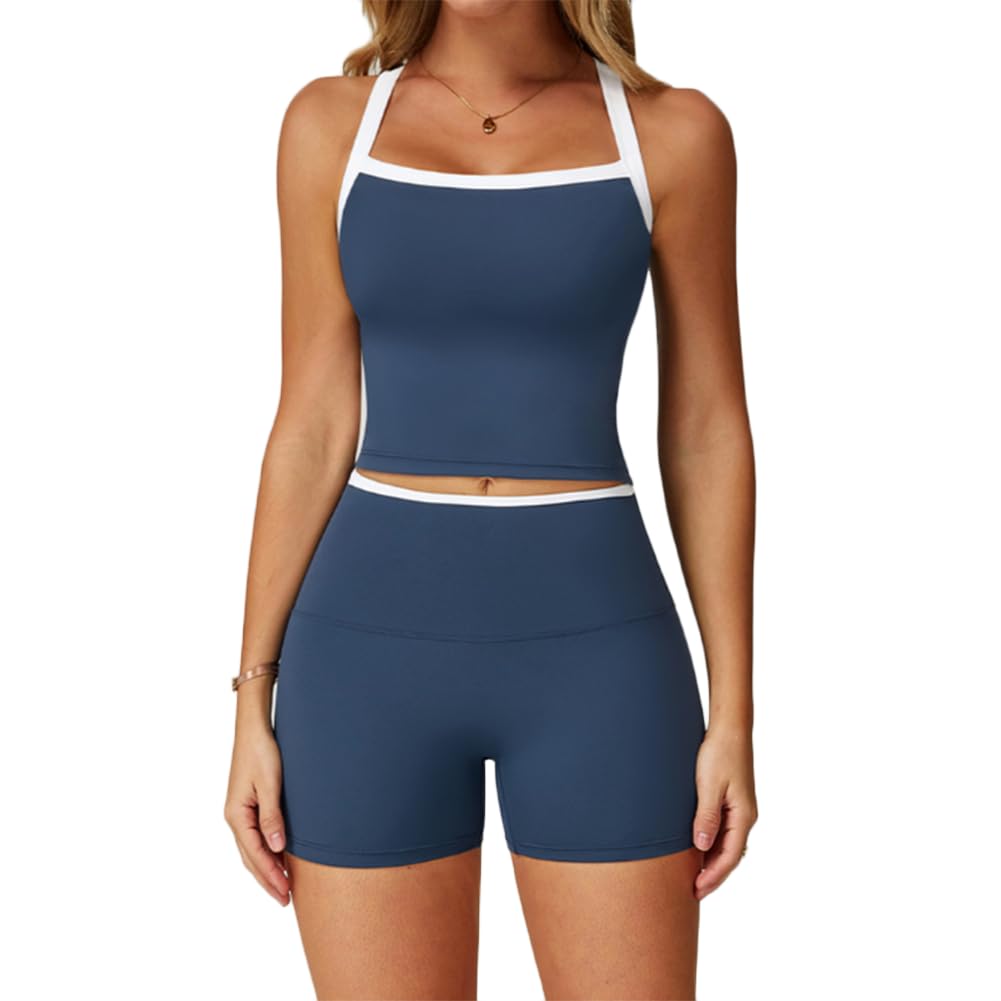JPXJGT Yoga Set Color Contrasting Crossed Back Tight Yoga Clothes for Women Running Fitness(Size:S,Color:Dark blue)