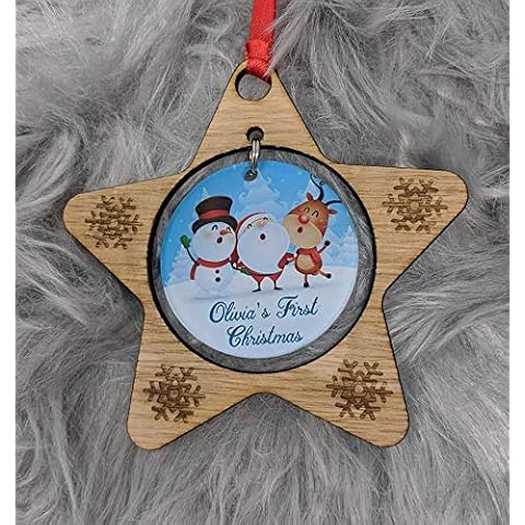 RJWprint Personalised Christmas Bauble Tree Decorations with Name 2021 Wooden Gift for Babys First Xmas 1st Cover