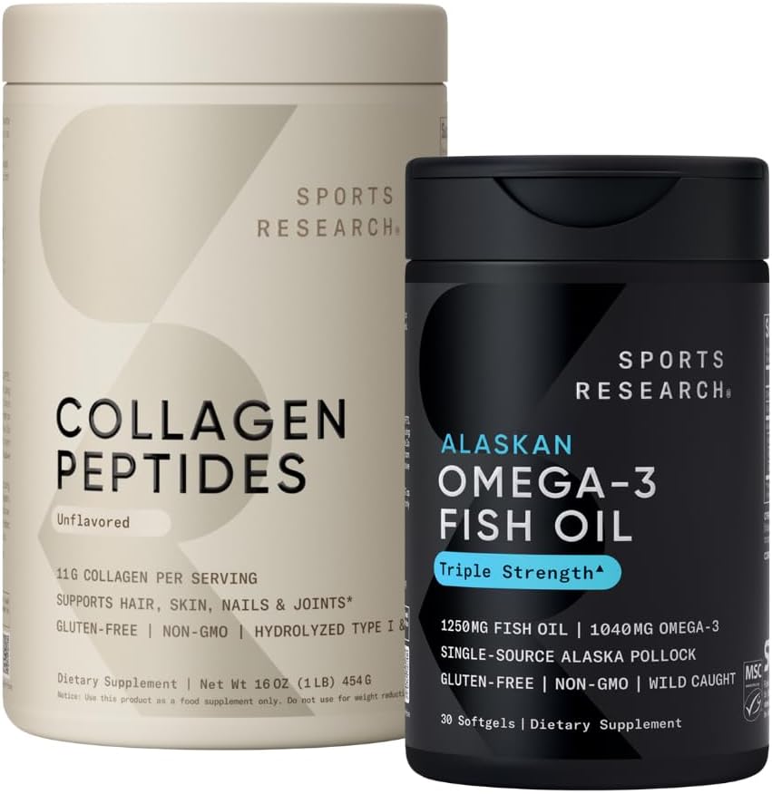 Sports Research Triple Strength Omega 3 Fish Oil 1250mg Burpless Supplement with Omega3s EPA & DHA Non-GMO, Gluten Free and Collagen Peptides for All Genders Hydrolyzed Type 1 & 3 Powder Protein