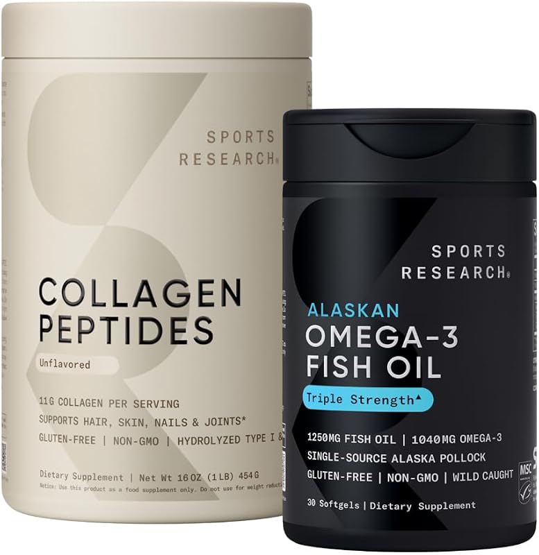 Sports Research® Aceite de pescado Omega 3 de triple potencia, 1250 mg, suplemento sin eructos con Omega3, EPA y DHA, sin OGM, sin gluten y péptidos de colágeno para todos los géneros, proteína en polvo hidrolizada tipo 1 y 3