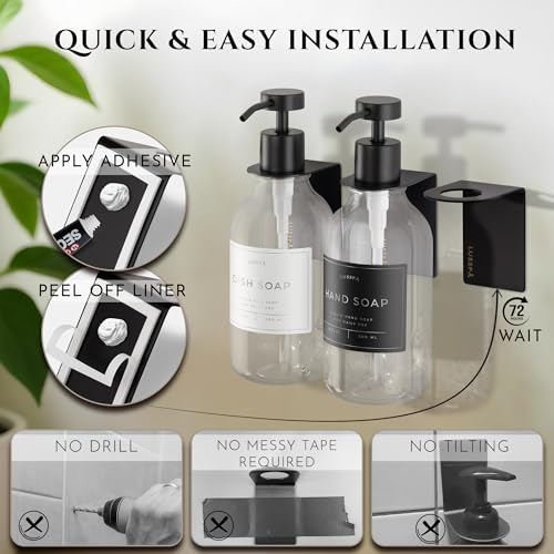 Shower Shampoo Dispenser Wall Mounted – 3 Refillable 16.9 oz Clear Bottles with Stainless Steel Pumps & No-Drill Adhesive Holders – Soap Dispenser Set for Bathroom (3 X Clear/Black) - image 4