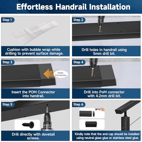 Image of 6FT Stainless Steel T304 Handrail Black with POM Connector, 3 Pack Rectangular Cable Railing Handrail Flat Deck Top Rail with SS304 End Caps for Indoor Outdoor Deck Stair Cable Railing System