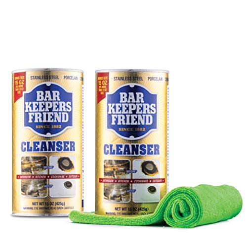 Bar Keepers Friend Cleaner 15 oz [2 pack] Barkeepers Friends Cleanser - Stain Remover for Bathroom, Kitchen - For Stainless Steel, Aluminum, Brass, Ceramic, Porcelain + SEWANTA Microfiber Cloth.