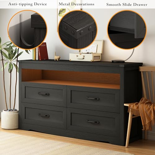 Image of Wodeer Black Dresser for Bedroom, Wood 4 Drawer Dresser with LED Light, Dressers & Chests of Drawers with Metal Handles, Storage and Organization for Bedroom, Hallway, Entryway