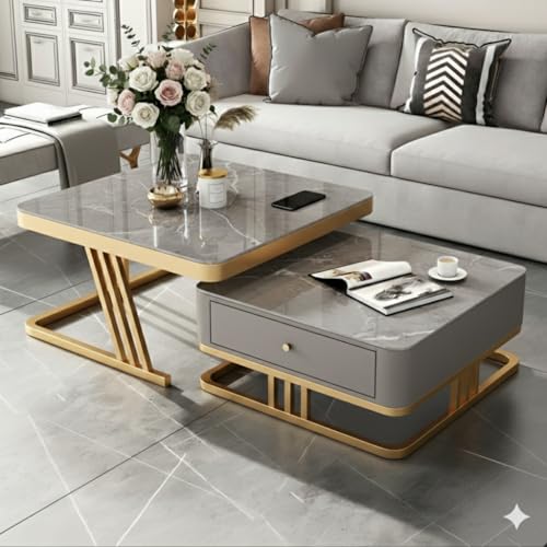 Image of Handmade Drawer Square 20 inchx20 inch Coffee Table /Nesting Table /Side Table /Center Table with Marble Finish Top for Living Room /Drawing Room (Gold & Grey)