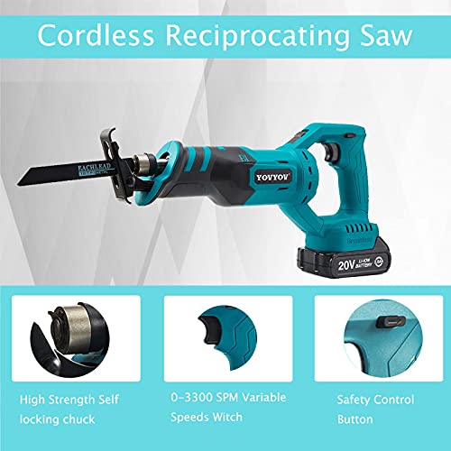 Reciprocating Saw,Yovyov Cordless Reciprocating Saw Battery-Powered, 20V 2.0Ah Cordless Sawzall,Tool-Free Blade Change And Variable Speed, 4 Saw Blades For Wood & Metal Cutting Included #TOP4