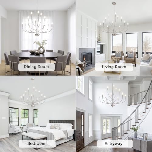 12-Light Brushed Nickel Chandelier Modern Farmhouse Chandelier Lighting Fixture 34'' Industrial Large Candle Chandelier for Dining Room Foyer Hallway Entryway High Ceiling Living Room Bedroom by Xurihuihuang - Used condition - Image 3