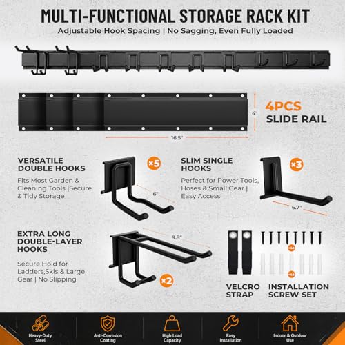Image of 66 inch Heavy Duty Garage Tool Organizer Wall Mount, Steel Garage Storage Rack Holds up to 900 lbs with Adjustable Hooks, Wall Mounted Tool Organizer for Garage, Shed & Yard, 4 Panels, 10 Hooks & 2 Straps