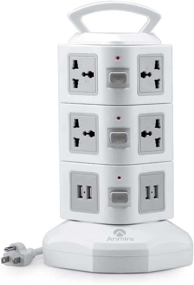 Vertical Power Strip Multi-sockets 10 Outlets and 4 USB 2500W 110-250 Worldwide Voltage Tower Power Socket Universal Jack Outlets with 6.5 Feet Cord for Home and Office