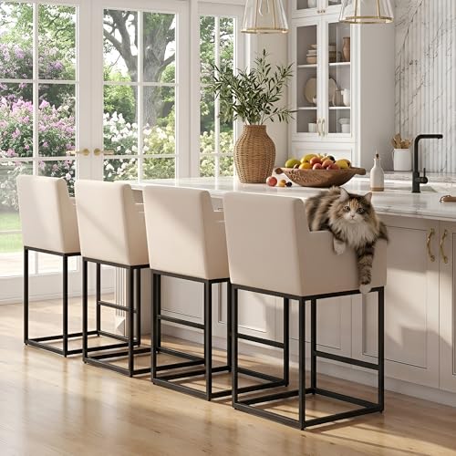 Image of Modern Counter Height Bar Stools Set of 4, Linen Fabric Upholstered Bar Stools with Backs, 26 Inch Kitchen Island Stools with Black Metal Frame, Cream