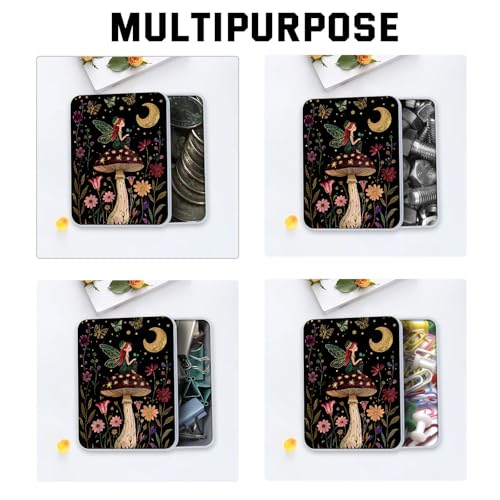Image of Metal Tin Box with Lid,Multi-functional Storage Box Can Store Tea Biscuits Game Cards, Playing & Tarot Cards-Comes with 4 Magnetic Cord Clips,Mushroom Fairy