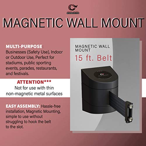 Crowd Control Warehouse - CCW Series WMB-220 Magnetic Wall Mount Retractable Belt Barrier - 15 Foot, Red with\"Caution - DO NOT Enter\" White Letters Belt with Black ABS Case