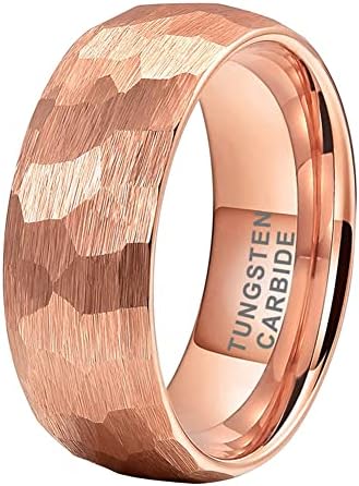 TUTISS 8mm Rose Gold Hammered Tungsten Rings for Men Women Engagement Wedding Bands Domed Matte Finish Comfort Fit Size 9.5