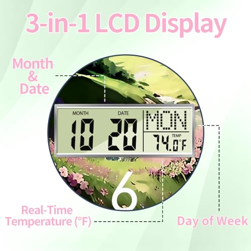 Image of 14'' Valley Meadow Wall Clock, Analog Clock with Digital Display | Silent Non-Ticking, Battery Operated, Shows Date Day & Temperature, Decorative for Living Room, Bedroom, Kitchen, Office