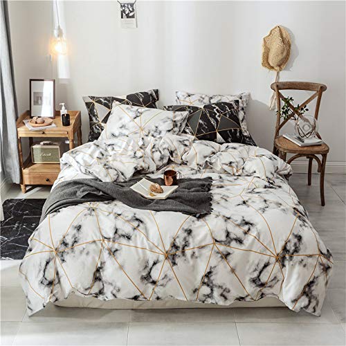 OLDBIAO Parure de lit blanche 135x200 cm en coton marbré avec motif noir marbré,Lot de 2,1 housse de couette et 1 taie d'oreiller 80x80 cm,Housse de couette simple,Housse de couette géométrique Cover