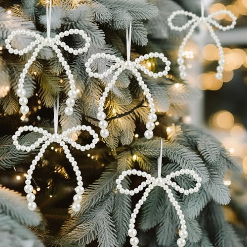 VioraWhite 12 Pcs White Pearl Bow Ornaments Bowknot Tree Topper Decor Christmas Hanging Ornament Pendant Gift for Christmas Wedding Bridal Shower Birthday Party Indoor Xmas Outdoor Decoration