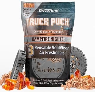 Drive Time Truck Puck Campfire Nights Fragrance Premium Long-Lasting Car Air Freshener, Odor Eliminator/Deodorizer, Refillable Vent & Visor Clip Car Accessories, Pack of 3