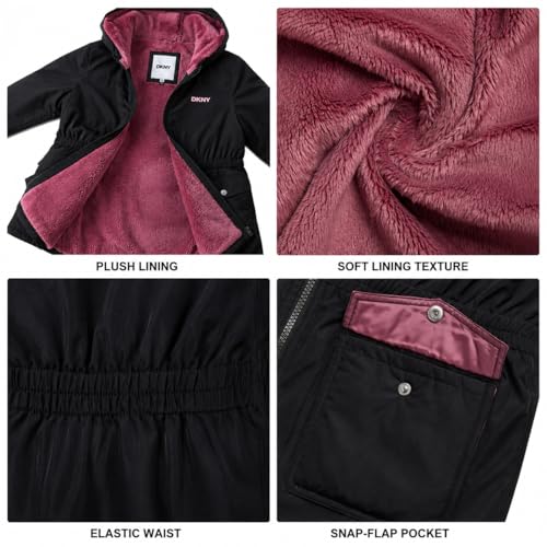 Image of DKNY Girls Midweight Jacket - Cozy Sherpa Fur Lined Water Resistant Hooded Anorak Windbreaker Zip Up Jacket for Girls