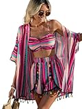 Verdusa Women's 3 Piece Outfits Short Sleeve Open Front Kimono and Boho Cami Top and Tassel Trim Tropical Shorts Set Pink Small