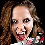 FXCONTACTS Großes Halloween Set, Vampir Kontaktlinsen + Vampirzähne + Kunstblut Kapseln, Vampirzähne passend zum horror Kostüm Assecoires, gruselig für Twilight, Zombie, Monster, Teufel