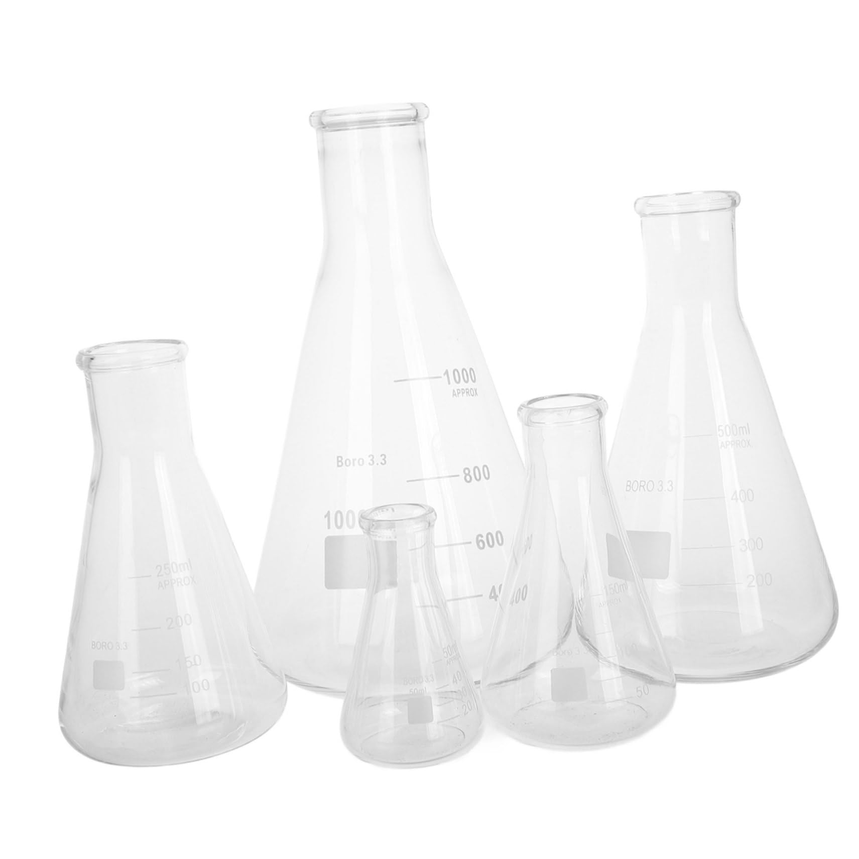 TOPBATHY Erlenmeyer Diseño Cónico Fácil de Llenar y Base Triangular Capacidad de 50ml a 1l Juego de 5 Matraces de Vidrio Borosilicato para Laboratorio Científico
