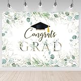 Mocsicka Greenery Graduation Backdrop 7x5ft - Congrats Grad Class of 2026 Graduate Party Background, Green Golden Leaves Graduation Party Decorations Photography Background