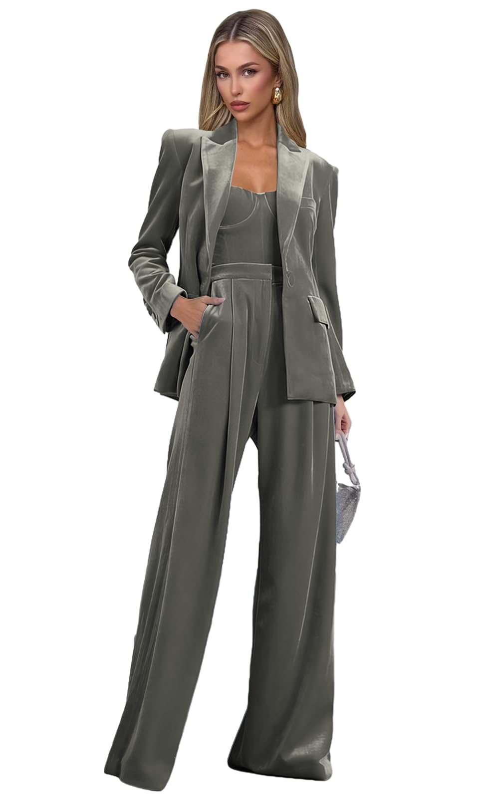 Womens Velvet Suits 3 Piece Set Business Spaghetti Strap Top 1 Button Pants Suits for Women Peak Lapel