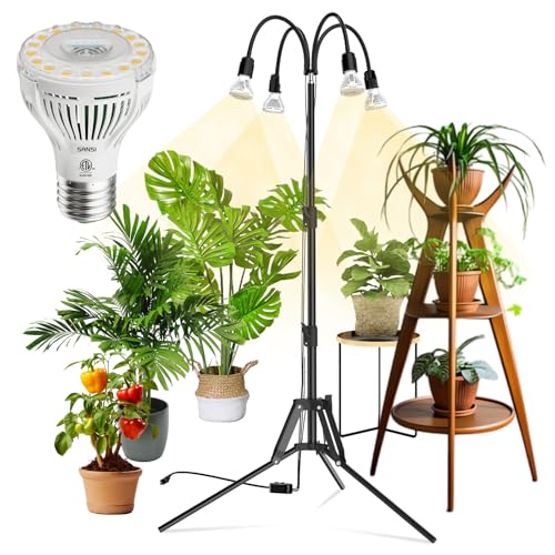 SANSI Grow Lights for Indoor Plants, 96W Full Spectrum Grow Light, No Dimmable 35-64 inches Detachable Tripod Standing Grow Lights, High PPFD 3 Pack of Par25 32W Bulb Plant Lights for Indoor