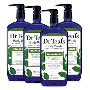 Dr Teal’s Body Wash with Pure Epsom Salt, Relax & Relief with Eucalyptus & Spearmint, 24 fl oz (Pack of 4) (Packaging May Vary)