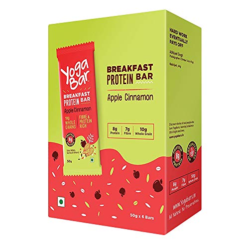 Image of Yogabar Breakfast Protein-Bar Apple Cinnamon - Pack of 12, Wholegrain Low Fat Snacks with Oats and Millets, High in Protein (8g) and Fibre, Gluten Free Granola Bar with Chia and Flax Seeds