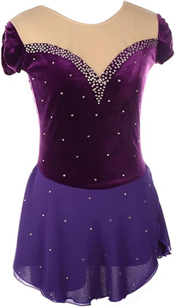 Women's Figure Ice Skating Dress Velvet Short Sleeve Rhinestones Gymnastics Leotard Ballet Dance Wear Outfit