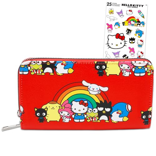 Hello Kitty Conjunto de carteira e amigos para mulheres – Pacote com organizador de cartões Sanrio com bolsos e alça de pulso para mulheres mais adesivos | Carteira Hello Kitty para adolescentes e
