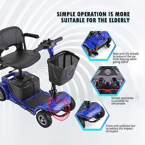 Mobility Scooter for Adults, Senior, Skmc 4 Wheels Electric Powered Chargeable Device for Travel, Lightweight and Portable, with LED Headlights and Basket, Charger Included, Red/Blue (BLUE blue)
