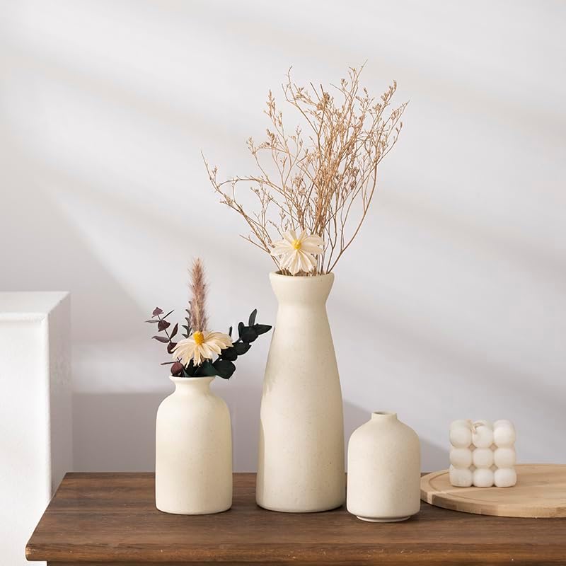 White Ceramic vase Set of 3, Modern Boho Farmhouse Home Decor,Decorative vase for Pampas Grass&Dried Flowers,idea Shelf,Table,Bookshelf