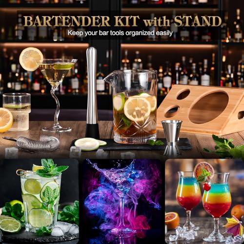 Cocktail Mixing Glass, veecom 6 Piece Crystal Bar Mixing Glass Bartender Set with Bamboo Stand, 18oz Old Fashioned Kit Cocktail Beaker Glass Set with Strainer, Muddler, Spoon, Jigger by veecom - Image 4