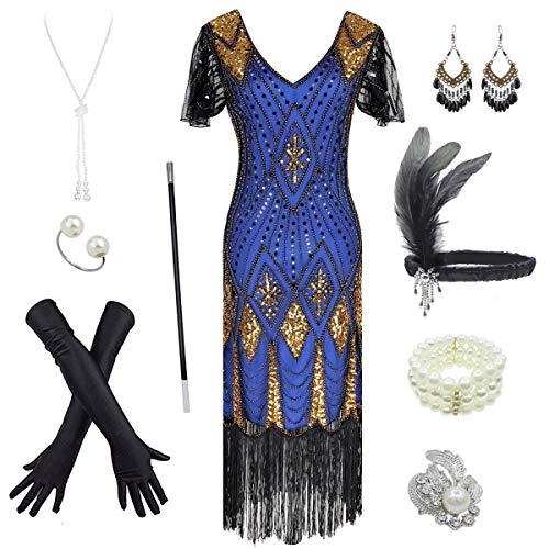 Women s 1920s Gatsby Inspired Sequin Beads Long Fringe Flapper Dress w Accessories Set, Blue, XX-Large