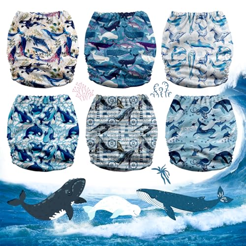 Mama Koala 3.0 Pocket Cloth Diapers for Babies with AWJ Lining, 6 Pack with 6 4-Layer Natural Cloth Diaper Inserts - Reusable and Washable Pocket Diapers(Whales)