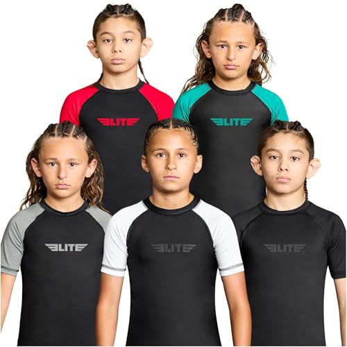 Image of Elite Sports Kids Jiu Jitsu BJJ Rash Guard, Short Half Sleeve Compression Shirt for Youth Boys Girls Sports Nogi Training