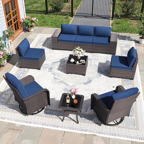 Image of 9 PCS Outdoor Patio Furniture Set,Outdoor Sectional Furniture All Weather PE Rattan Wicker Patio Conversation Set,Swivel Rocking Chairs Set,Navy Blue