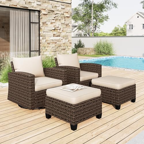 HERA'S HOUSE Beige Swivel Rocking Chairs & Ottomans 4 Pieces Patio ...