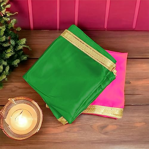 Image of Pooja Mandir Kapda, 1 Meter Green Silk Satin Altar Cloth for God Pooja Table, Goddess Radha /Paravati Chowki Aasan, Temple, Mandir and Puja Ghar