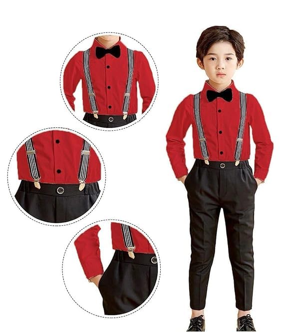 Image of SAGAR IMPEX Boys Cotton Blend Solid Full Sleeves Shirt and Pant Set with Suspender and Bow Tie | Clothing Set for Boys