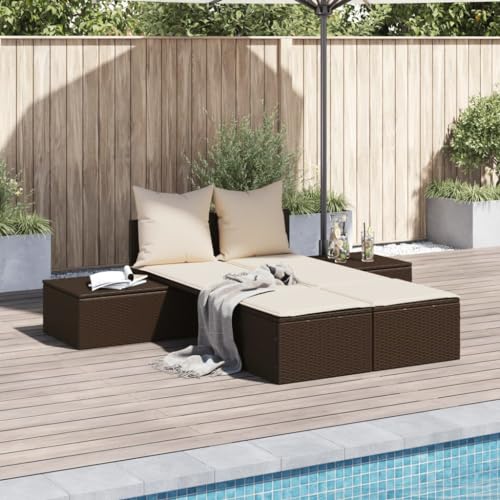 Double Sun Lounger with Cushions Brown PE Rattan Outdoor Furniture,...