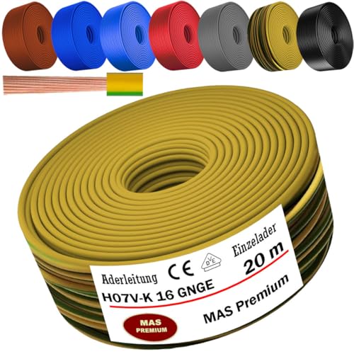 MAS Premium Von 5 bis 100m Aderleitung H07 V-K 16 mm Schwarz Braun Dunkelblau Grüngelb Grau Hellblau Orange oder Rot Einzelader flexibel (Grüngelb 20m)