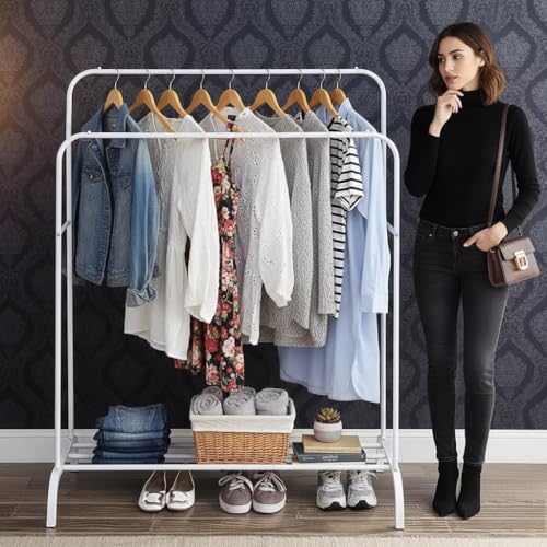 Image of Strassis Design PC Metal Garment Rack Multipurpose Clothes Rack with Bottom Shelf /Coat Jacket Hanger for Home Bedroom Storage Organizer Unique Display Stand (White)